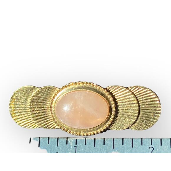 Vintage Rose Quartz Brooch Gold Tone Pink Cabochon Gemstone Shells Pin - Picture 6 of 6
